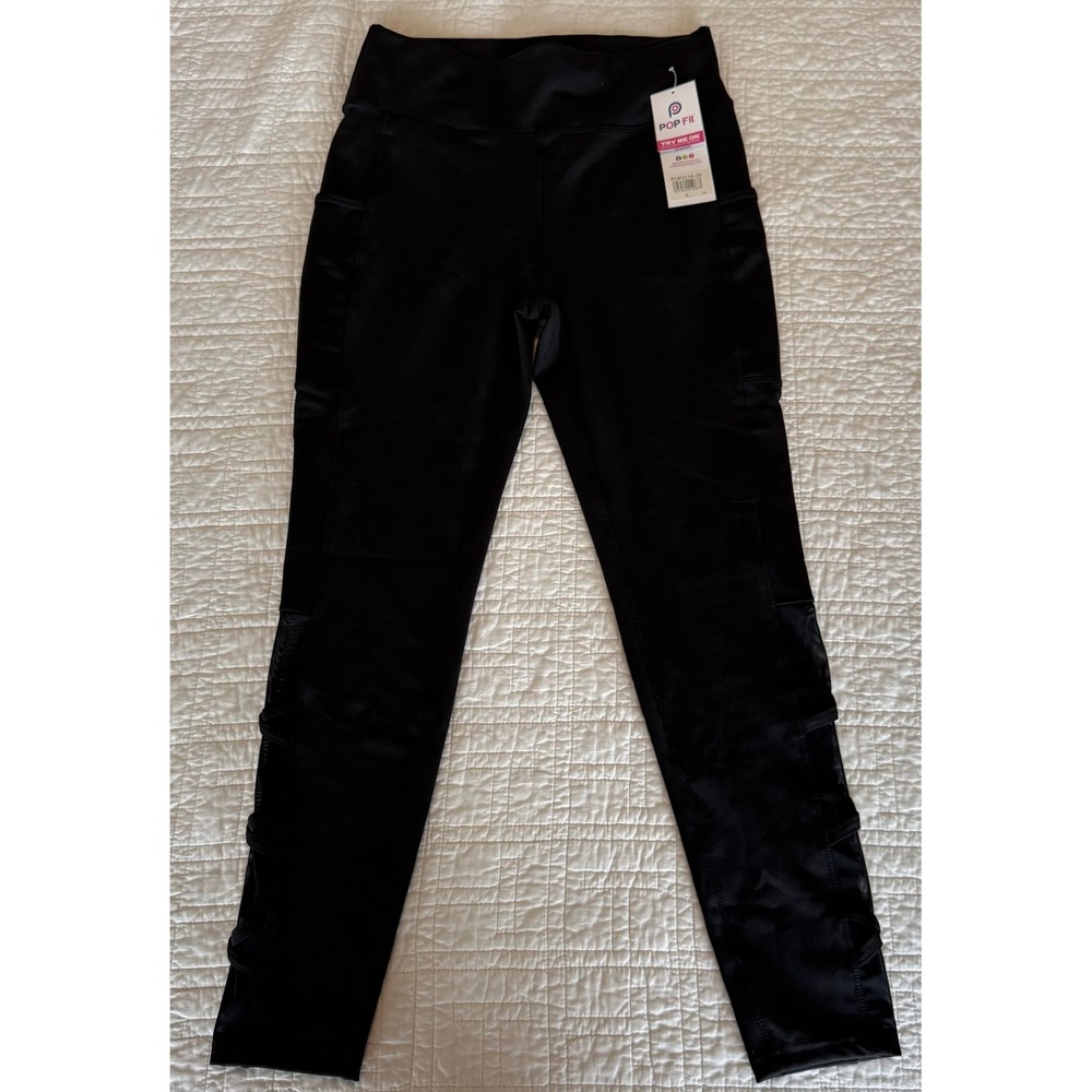 POP Fit Black‎ High Waisted Leggings with Pockets and Lattice Mesh Detail Large